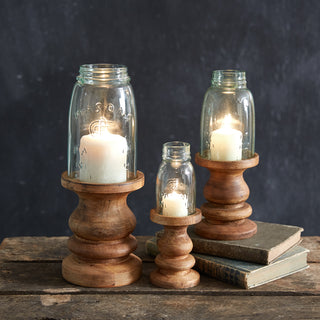 Wooden Candle Holder with Mason Jar Chimney - Set of 3