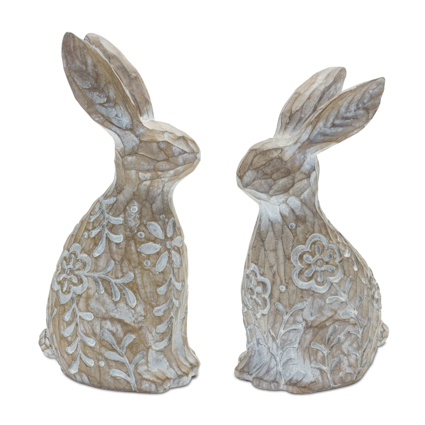 Floral Carved Rabbit (Set Of 2) 7.25"H, 8"H Resin