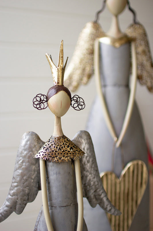 Set of 2 Gold and Grey Christmas Angels Holding a Heart and Star