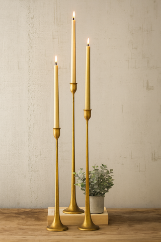 Set of 3 Tall Cast Iron Taper Candle Holders- Gold