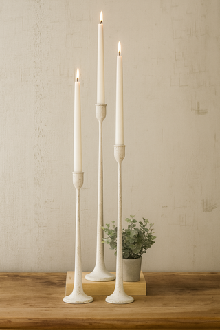Set of 3 Tall Cast Iron Taper Candle Holders- White