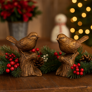 Antiqued Golden Bird Figurines - Set of 2