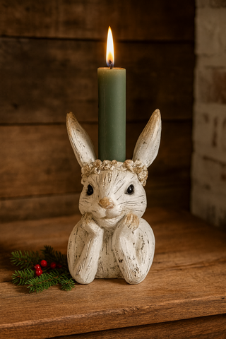 Painted Resin Rabbit Taper Candle Holder - White