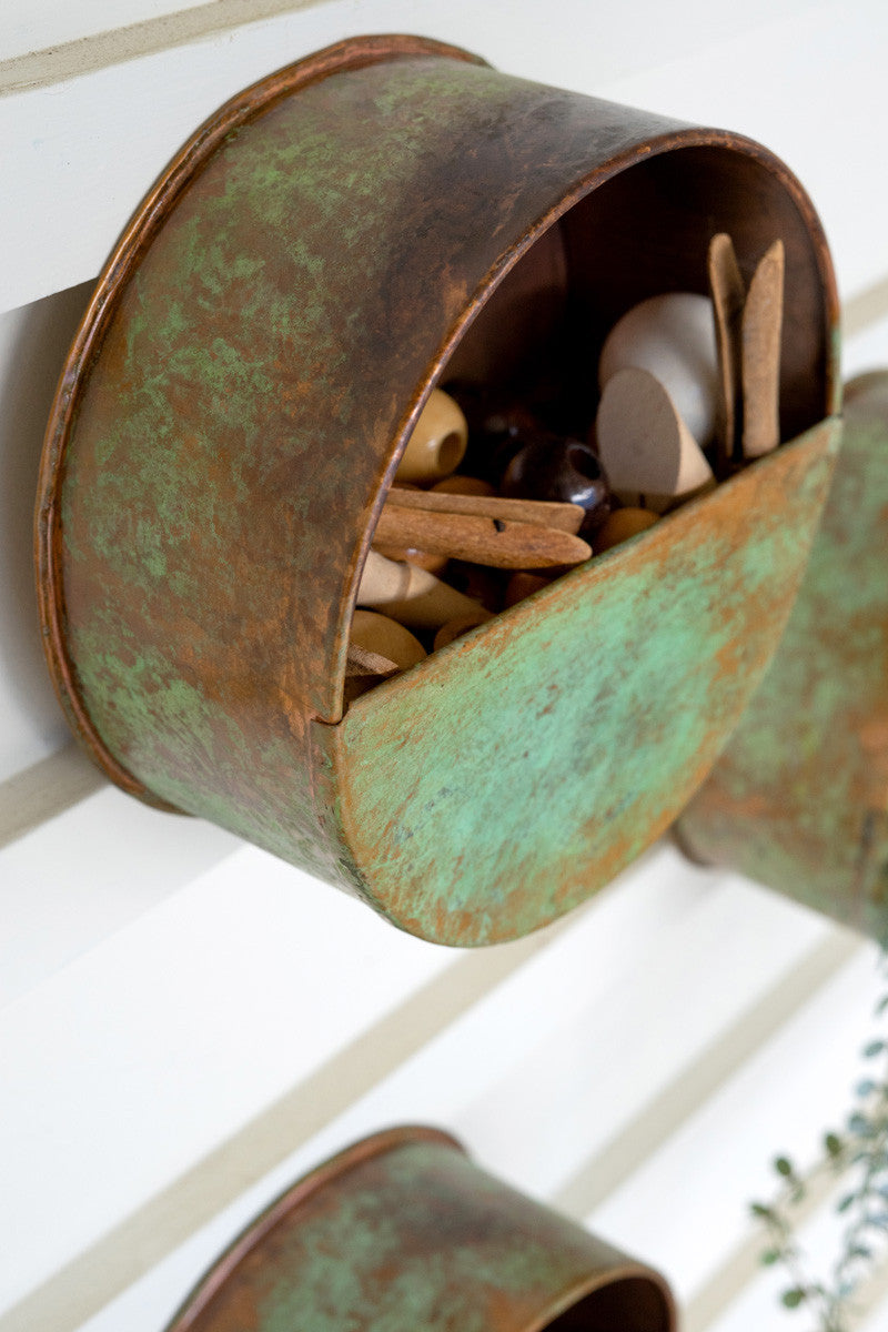 Set of 3 Antique Copper Round Wall Pockets