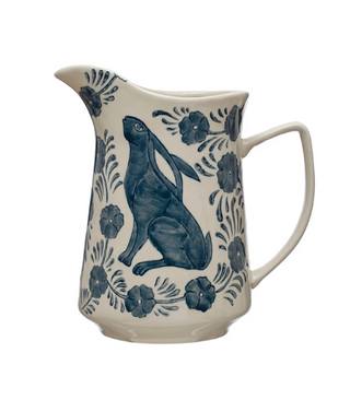 3 Quart Hand-Painted Stoneware Pitcher w/ Rabbit & Flowers, Blue & White