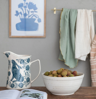3 Quart Hand-Painted Stoneware Pitcher w/ Rabbit & Flowers, Blue & White