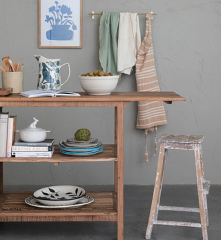 3 Quart Hand-Painted Stoneware Pitcher w/ Rabbit & Flowers, Blue & White