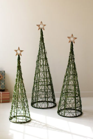 Set of 3 Green Willow Christmas Topiaries with Natural Star