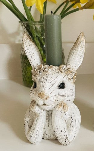 Painted Resin Rabbit Taper Candle Holder - White