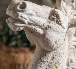 Close-up of a decorative stone horse head sculpture.