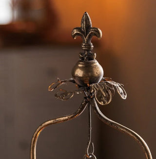 Decorative metal object with a fleur-de-lis design on a blurred background