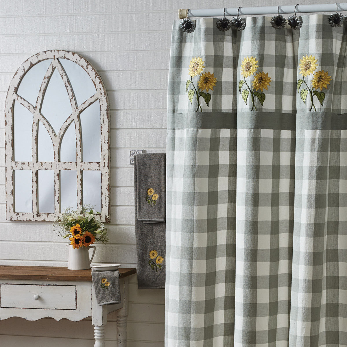 Wicklow Check Sunflower Embroidered Shower Curtain