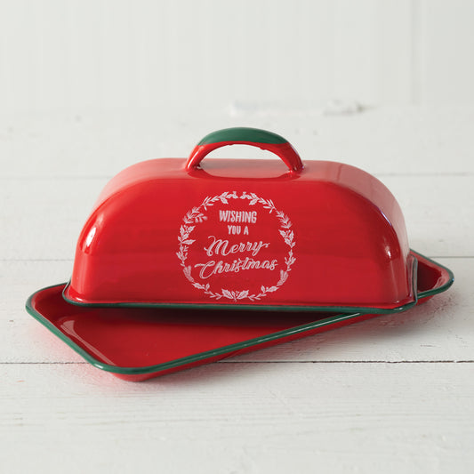 Wishing You A Merry Christmas Enameled Butter Dish
