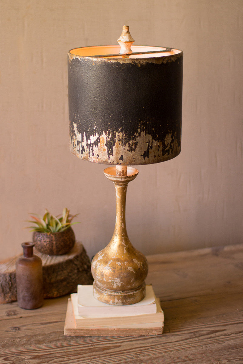Table Lamp with Round Wooden Base and black and gold metal shade