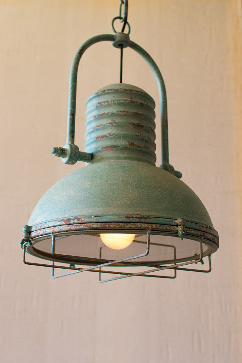 Turquoise Pendant Light with glass and wire cage