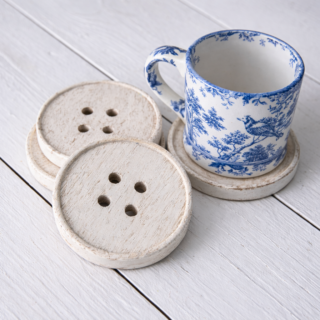 Button Designs Coasters Set of Four Button Coasters - Distressed White – River Chic Designs