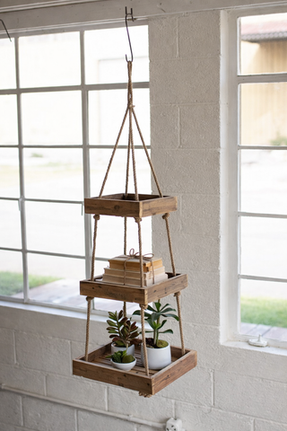 Hanging Three-Tiered Square Recycled Wood Display with Jute Rope