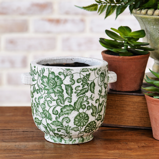Dark Green Floral Handle Pot 6.3"