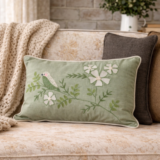 Sage Bird on Branch Pillow