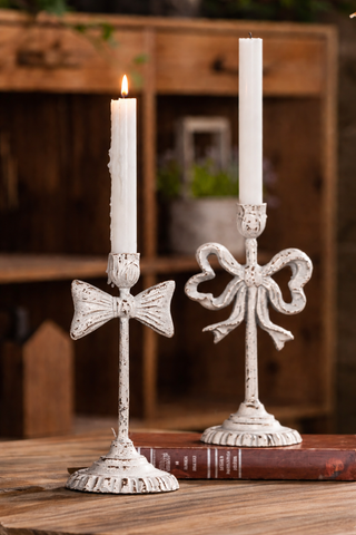 Vintage Inspired  Distressed White Bow Candle Sticks - Set of 2