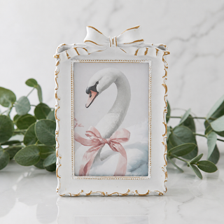 Antique White & Gold Finish with Bow Frame (Holds 4" x 6" Photo)