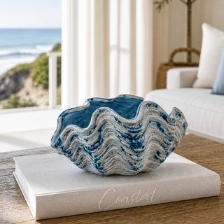 Blue Washed Ceramic Oyster Shell - 8"