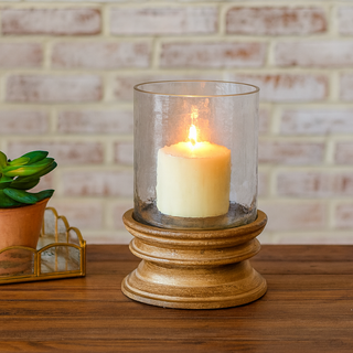 Gold Brush Wood / Glass Pillar Candle Holder
