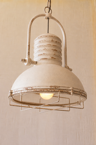 Pendant Light with glass and wire cage - Distressed White