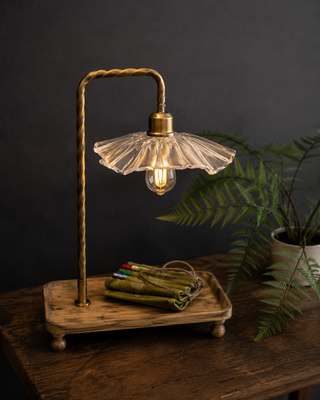Gooseneck Table Lamp with Wooden Tray Base and Glass Shade