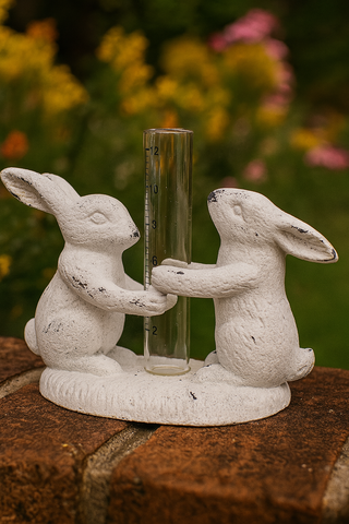 Decorative rainguage with rabbit figures on a brick surface