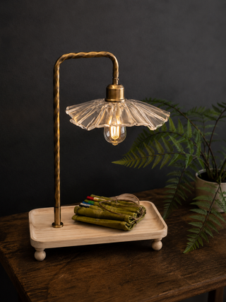 Gooseneck Table Lamp with Wooden Tray Base and Glass Shade