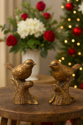 Antiqued Golden Bird Figurines - Set of 2