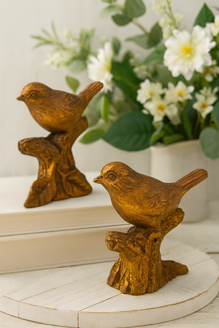Antiqued Golden Bird Figurines - Set of 2