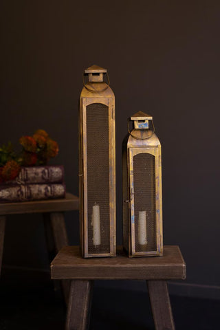 Set of 2 Antique Brass Taper Candle Lanterns with Wire Screen