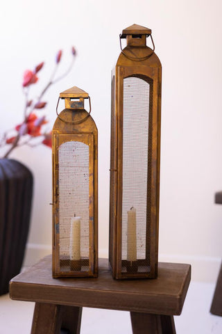 Set of 2 Antique Brass Taper Candle Lanterns with Wire Screen