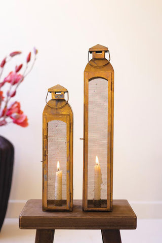 Set of 2 Antique Brass Taper Candle Lanterns with Wire Screen