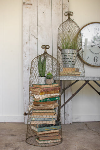 Set of 2 Wire Cloche Topiaries \ old gold
