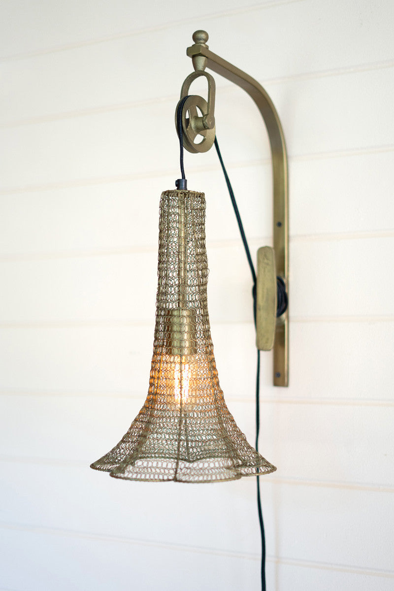 Antiqued Brass Pulley Wall Lamp with Wire Brass Shade