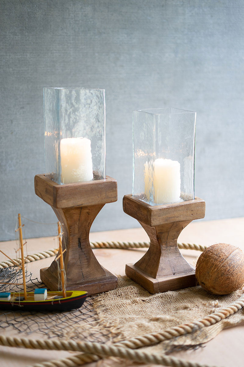 Set of Glass & Wood Candle Holders