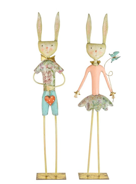 Set of 2 Painted Metal Long-Legged Boy and Girl Rabbits