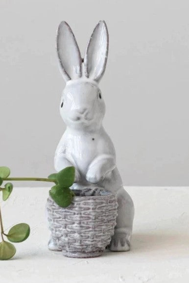 Stoneware Rabbit w/ Embossed Planter, Reactive Glaze, White