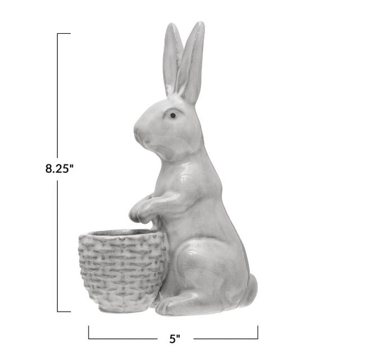 Stoneware Rabbit w/ Embossed Planter, Reactive Glaze, White