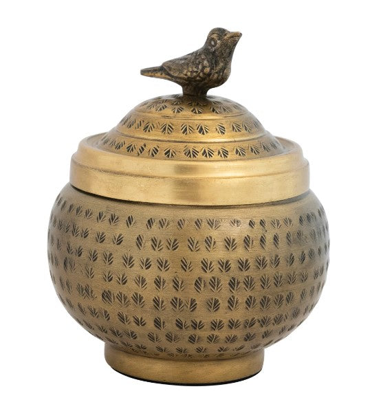 Decorative Hammered Metal Container w/ Lid & Bird Finial, Brass Finish