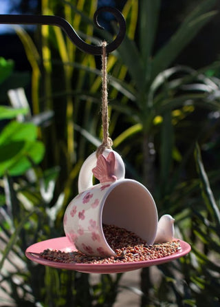 Ceramic Pink Tea Cup and Saucer Bird Feeder (Set of 2)