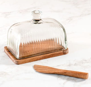 Glass & Wood Butter Dish with Wood Knife