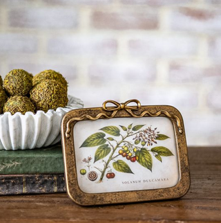 Golden polyresin photo frame with an ornate bow detail and botanical artwork insert.