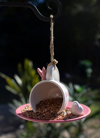 Ceramic Pink Tea Cup and Saucer Bird Feeder (Set of 2)