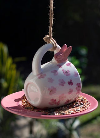 Ceramic Pink Tea Cup and Saucer Bird Feeder (Set of 2)