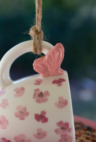 Ceramic Pink Tea Cup and Saucer Bird Feeder (Set of 2)