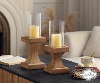 Set of 2 Glass & Wood Candle Holders